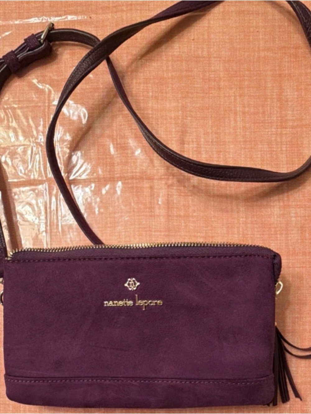 Nanette Lepore Plum Suede Crossbody with Gold Logo